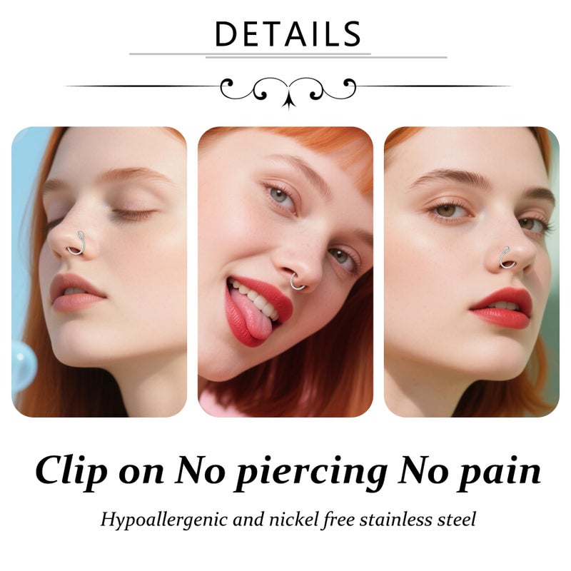 D.Bella Fake Nose Ring Hoop 20G Faux Septum Piercing Jewelry 8mm Faux Lip Piercing Clip on Non Piercing - Image 3